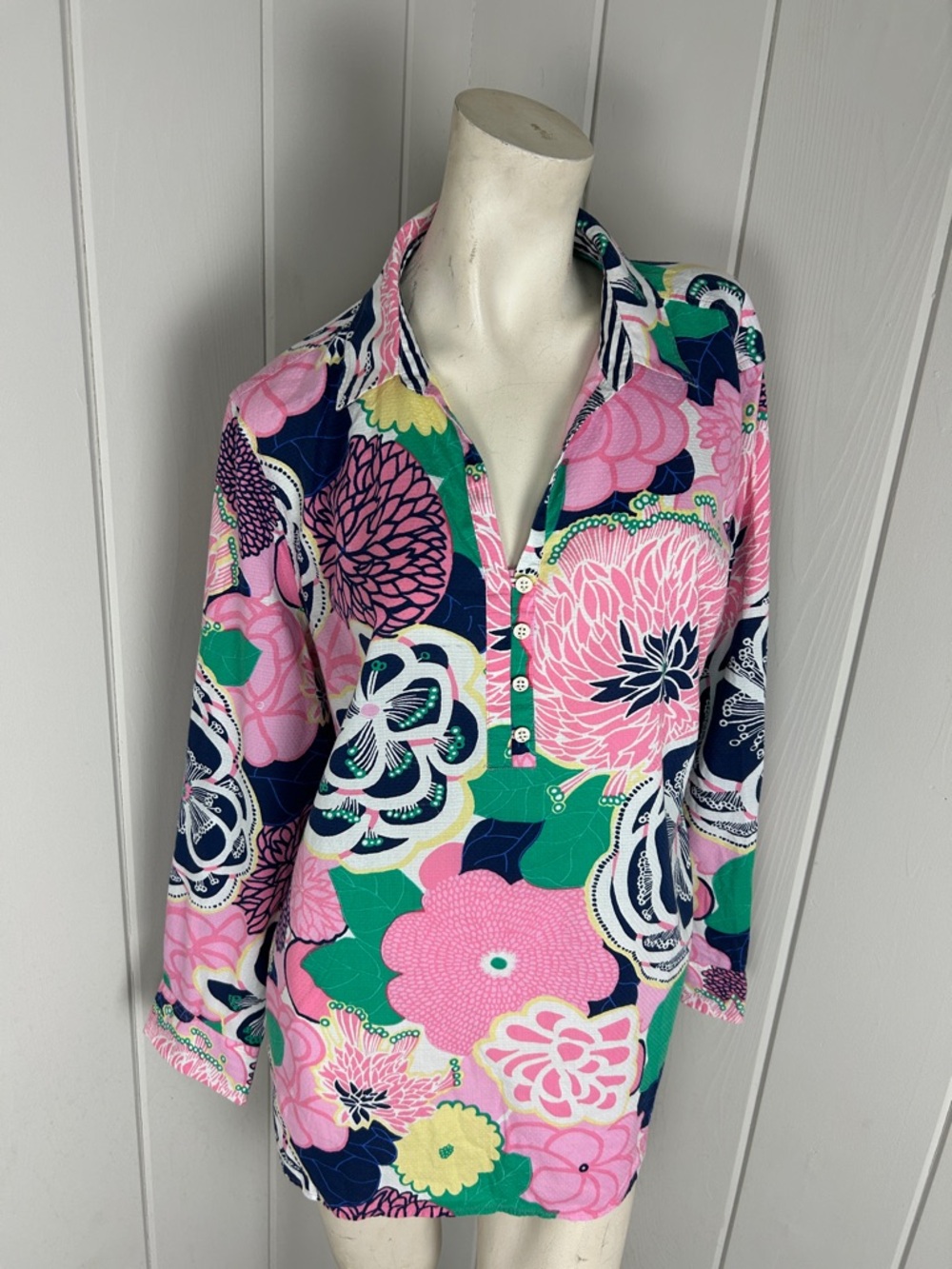Talbots Floral Tunic Top Pink Blue Green Button Front Cotton Boho Preppy XL - Picture 10 of 10